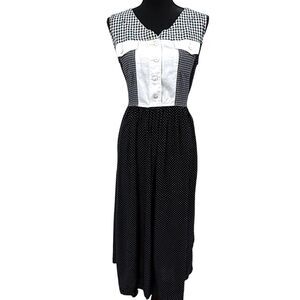 Vtg Carol Little Black White Minimalist Gingham Floral Rayon Blend‎ Maxi Dress